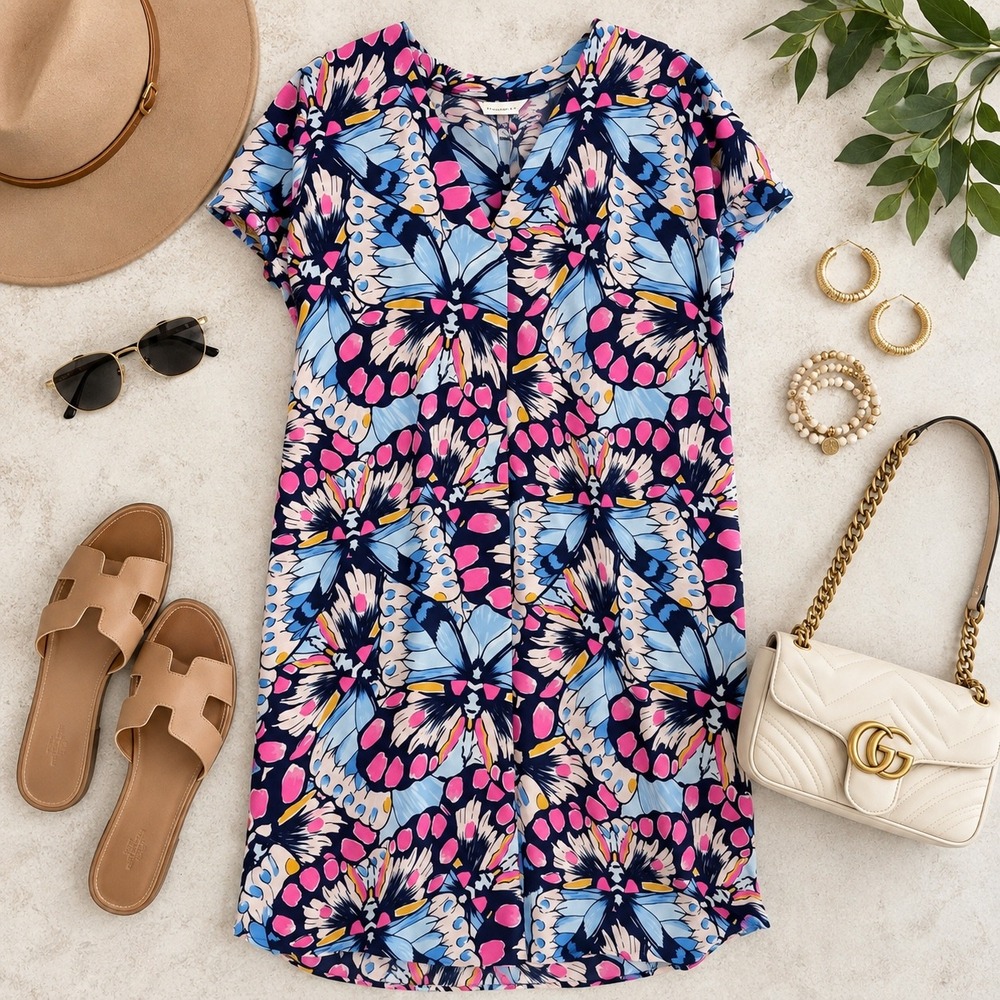 Van Winkle & Co Shift Dress Womens M Blue Pink Butterfly Print Excellent Pockets